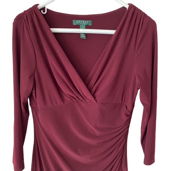 Lauren Ralph Lauren size 8 burgundy long sleeves rouching wrap dress EUC - Picture 2 of 12